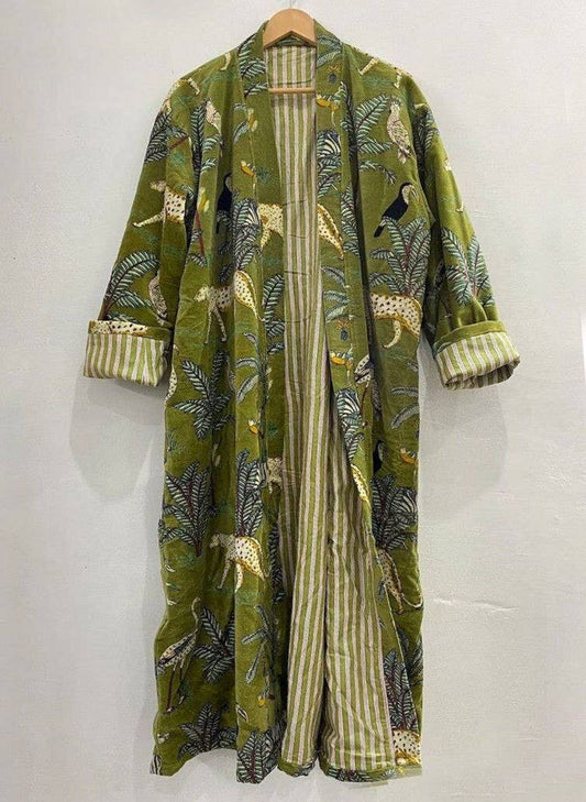 Green Jungle Print Velvet Kimono Robe Morning Tea Women Coat
