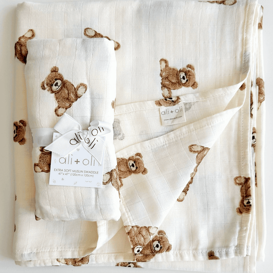 Muslin Swaddle Blanket  Teddy Bear